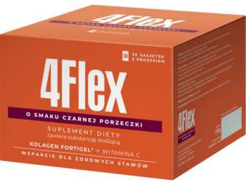 Zdjęcie przedstawia suplement diety 4Flex o smaku czarnej porzeczki w postaci saszetek z proszkiem.