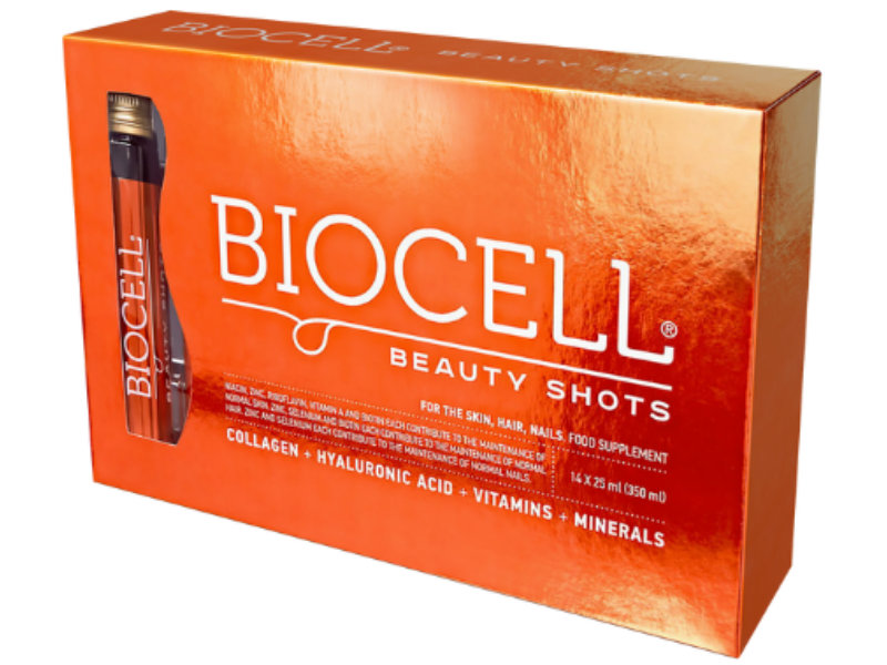Zdjęcie przedstawia suplement diety Biocell Beauty shots w postaci płynu doustnego.
