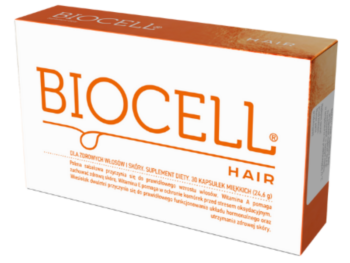 Zdjęcie przedstawia suplement diety Biocell Hair w postaci kapsułek miękkich.