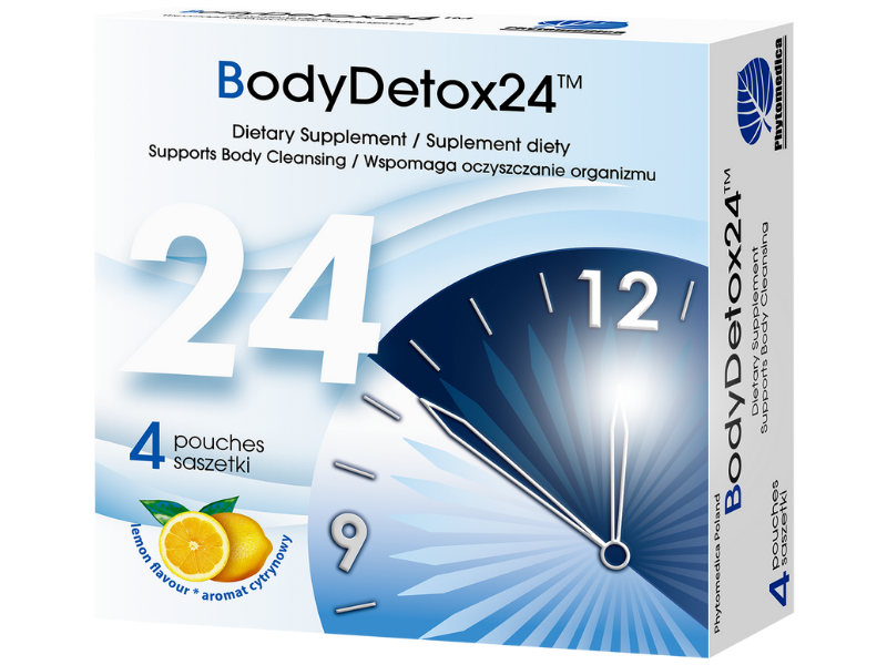 Zdjęcie przedstawia suplement diety BodyDetox24 w postaci saszetek.
