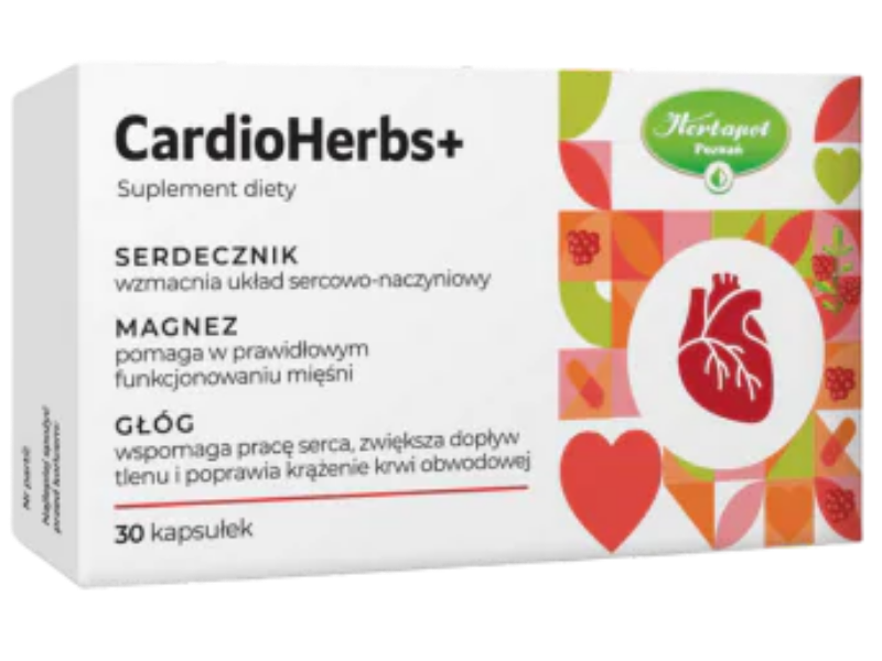 Zdjęcie przedstawia suplement diety CardioHerbs+ w postaci kapsułek.