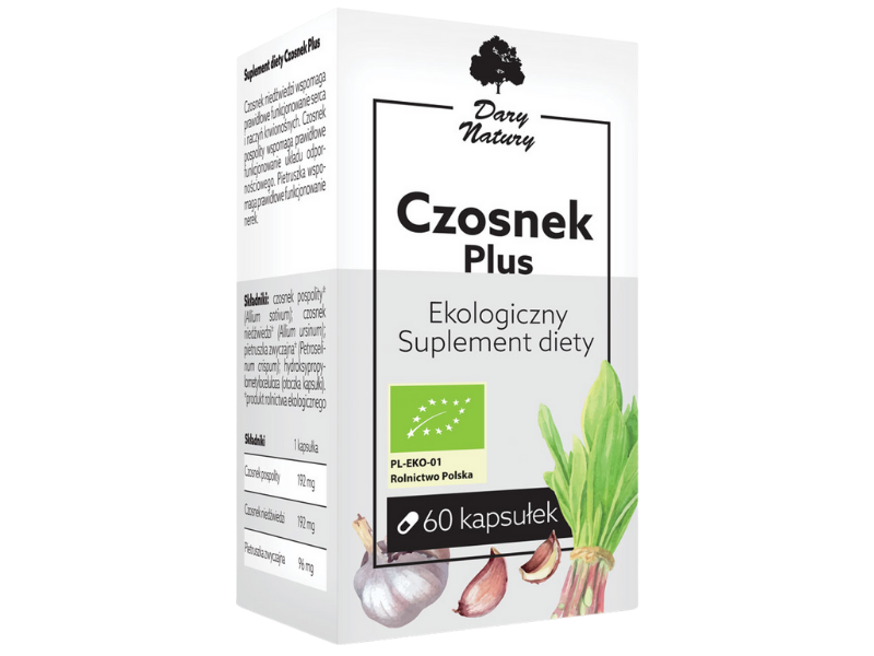 Zdjęcie przedstawia suplement diety Dary Natury Czosnek Plus w postaci kapsułek.