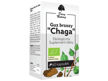 Zdjęcie przedstawia suplement diety Dary Natury Guz brzozy "Chaga" w postaci kapsułek.