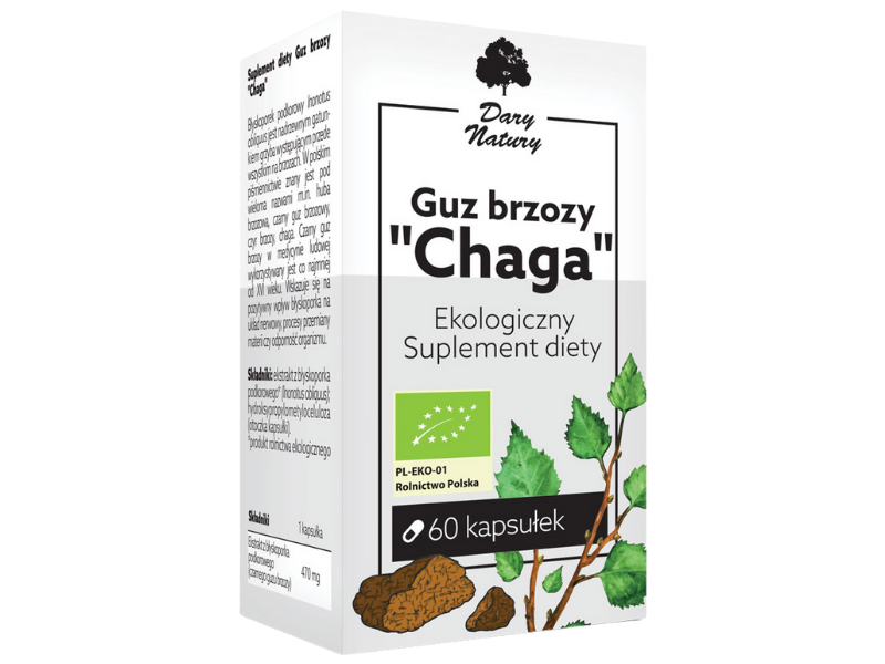 Zdjęcie przedstawia suplement diety Dary Natury Guz brzozy "Chaga" w postaci kapsułek.