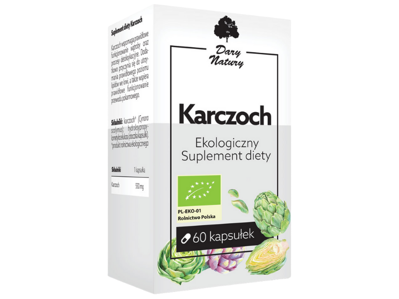Zdjęcie przedstawia suplement diety Dary Natury Karczoch w postaci kapsułek.