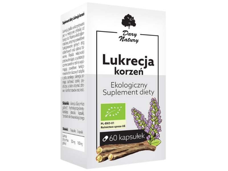 Zdjęcie przedstawia suplement diety Dary Natury Lukrecja Korzeń w postaci kapsułek.