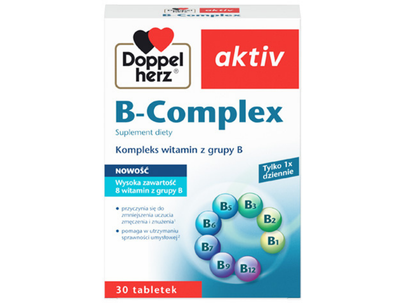 Zdjęcie przedstawia suplement diety Doppelherz aktiv B-Complex w postaci tabletek.