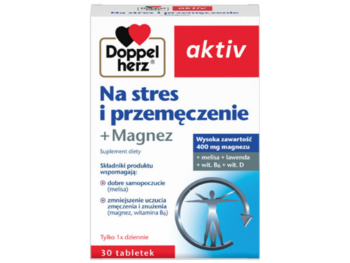 Zdjęcie przedstawia suplement diety Doppelherz aktiv Na stres i przemęczenie + Magnez w postaci tabletek.
