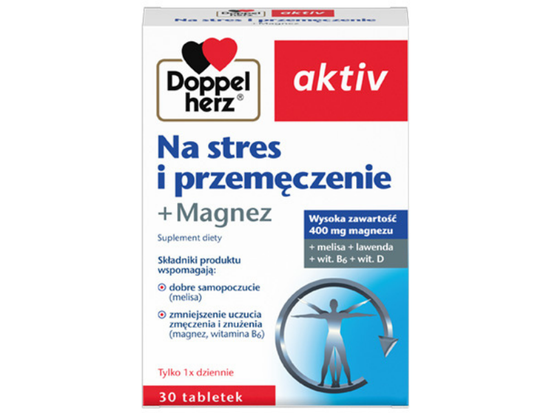 Zdjęcie przedstawia suplement diety Doppelherz aktiv Na stres i przemęczenie + Magnez w postaci tabletek.