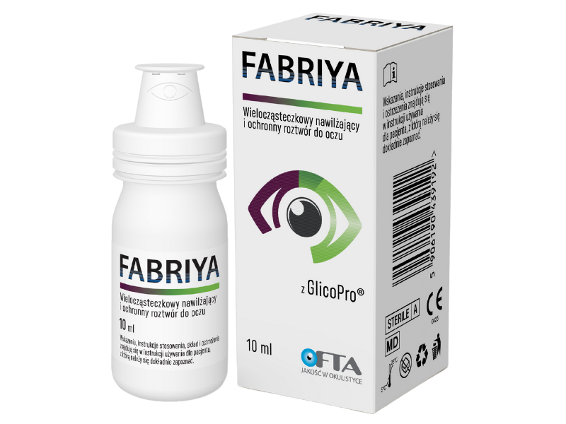 Zdjęcie przedstawia wyrób medyczny Fabriya w postaci kropli do oczu.