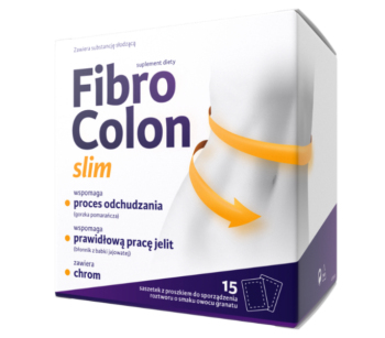 Zdjęcie przedstawia suplement diety FibroColon Slim w postaci saszetek z proszkiem.