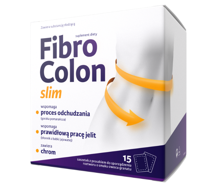 Zdjęcie przedstawia suplement diety FibroColon Slim w postaci saszetek z proszkiem.