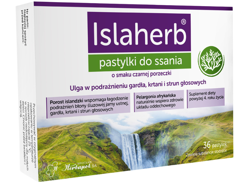 Zdjęcie przedstawia suplement diety Islaherb w postaci pastylek do ssania.