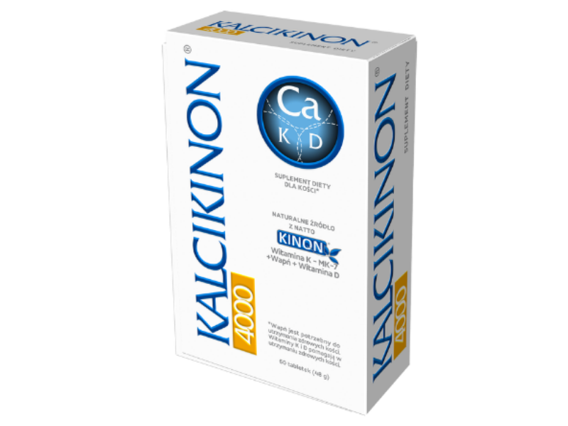 Zdjęcie przedstawia suplement diety Kalcikinon 4000 w postaci tabletek.