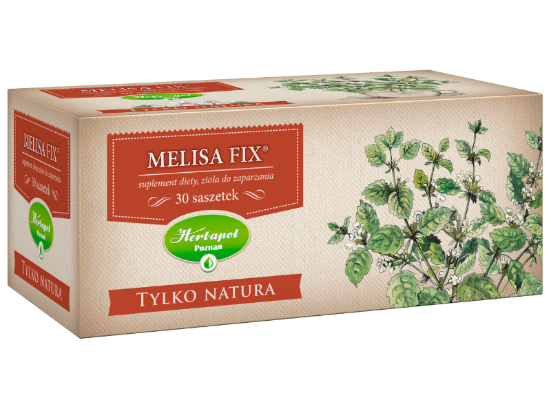 Zdjęcie przedstawia suplement diety Melisa Herbapol Fix Tylko Natura w postaci ziół do zaparzania.
