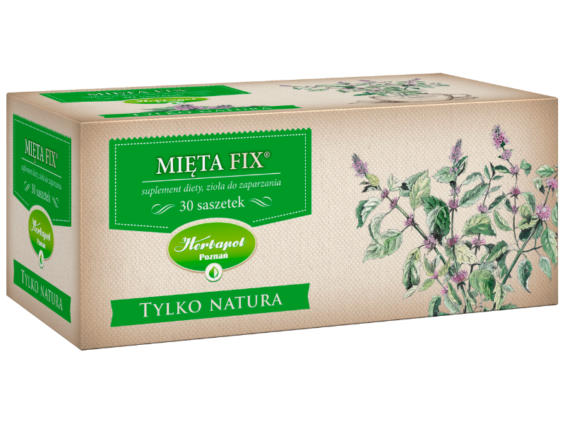 Zdjęcie przedstawia suplement diety Mięta Herbapol Fix Tylko Natura w postaci ziół do zaparzania.