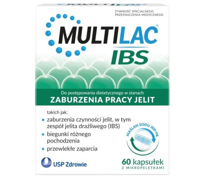 Zdjęcie przedstawia żywność specjalnego przeznaczenia medycznego Multilac IBS w postaci kapsułek.
