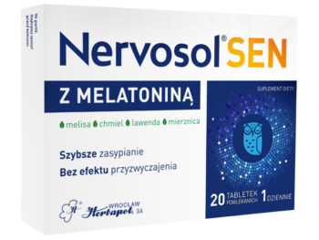 Zdjęcie przedstawia suplement diety Nervosol Sen z Melatoniną w postaci tabletek powlekanych.