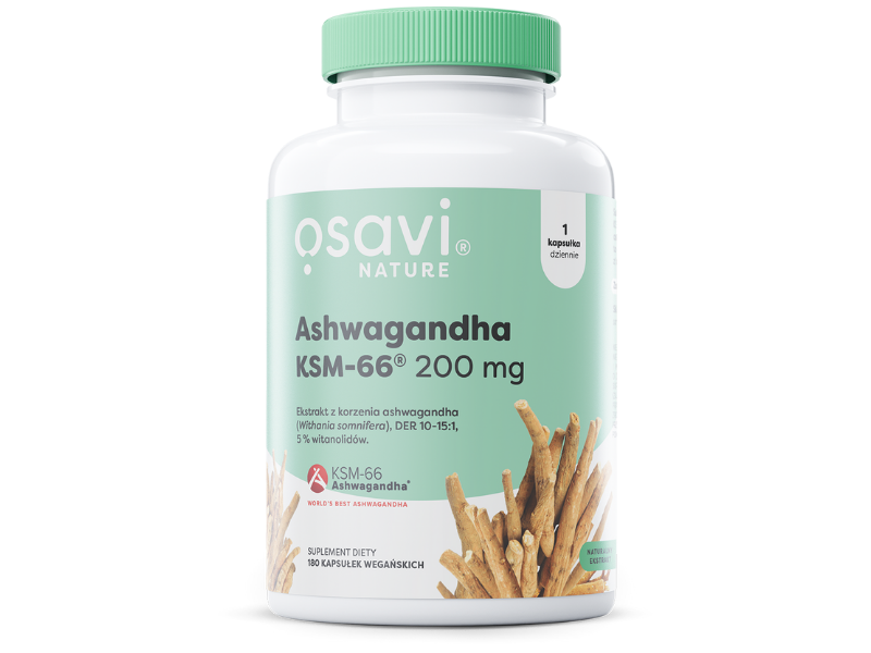 Zdjęcie przedstawia suplement diety OSAVI Nature Ashwagandha KSM-66 w postaci kapsułek.