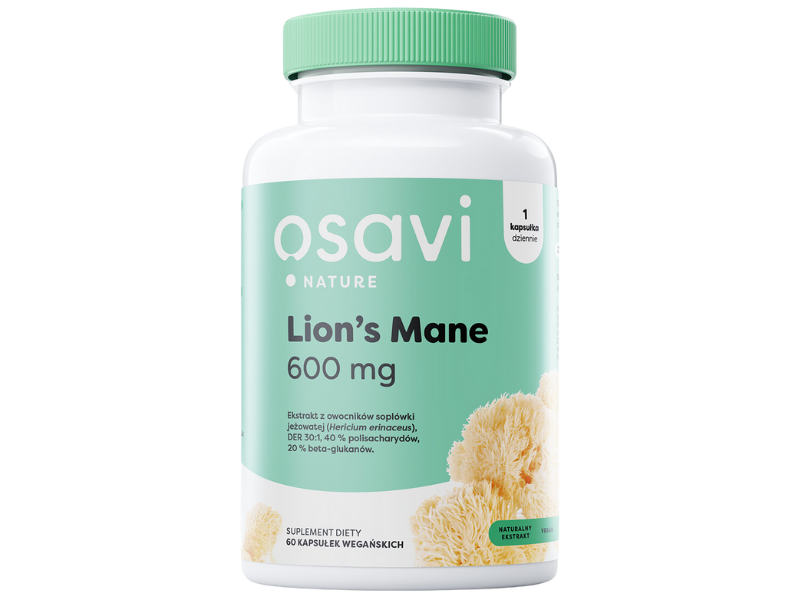 Zdjęcie przedstawia suplement diety OSAVI Nature Lion's Mane w postaci kapsułek.