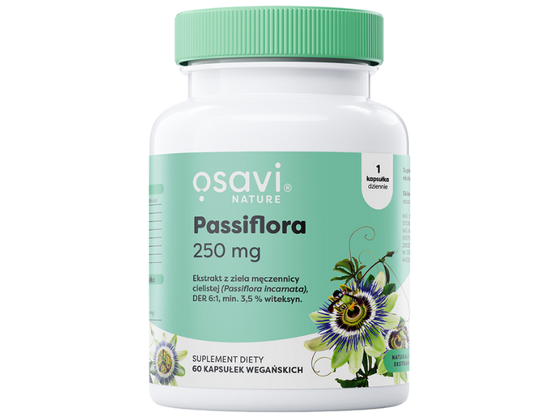 Zdjęcie przedstawia suplement diety OSAVI Nature Passiflora w postaci kapsułek.