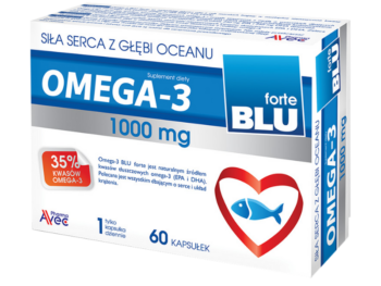 Zdjęcie przedstawia suplement diety Omega-3 BLU forte w postaci kapsułek.