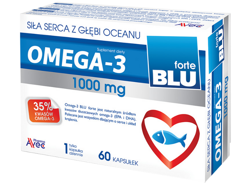 Zdjęcie przedstawia suplement diety Omega-3 BLU forte w postaci kapsułek.