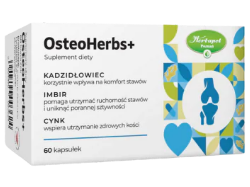 Zdjęcie przedstawia suplement diety OsteoHerbs+ w postaci kapsułek.