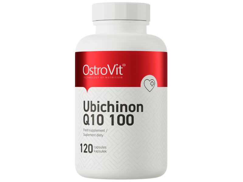 Zdjęcie przedstawia suplement diety OstroVit Ubichinon Q10 100 w postaci kapsułek.