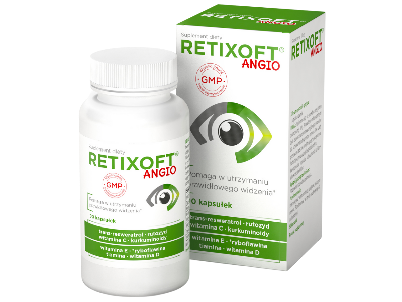 Zdjęcie przedstawia suplement diety Retixoft Angio w postaci kapsułek.