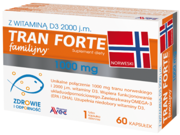 Zdjęcie przedstawia suplement diety Tran Familijny Forte w postaci kapsułek.