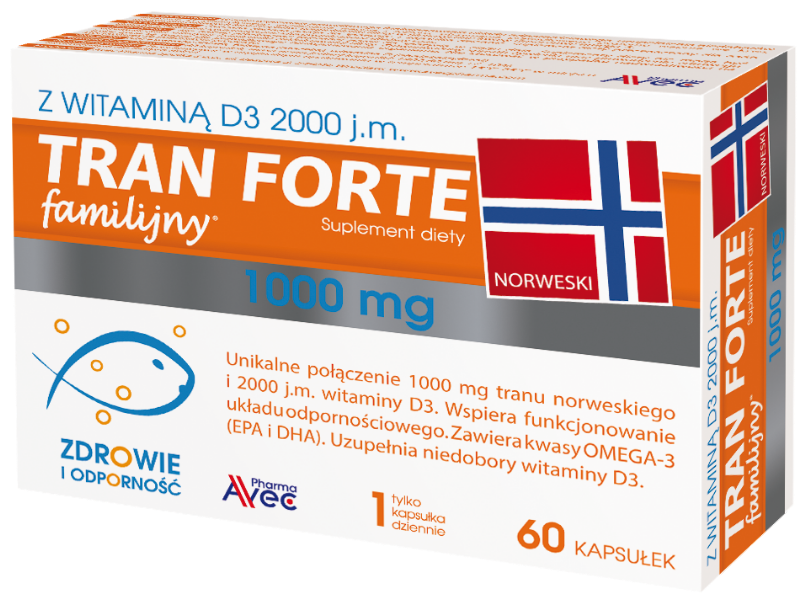 Zdjęcie przedstawia suplement diety Tran Familijny Forte w postaci kapsułek.