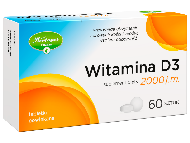 Zdjęcie przedstawia suplement diety Witamina D3 2000 j.m. Herbapol Poznań w postaci tabletek.