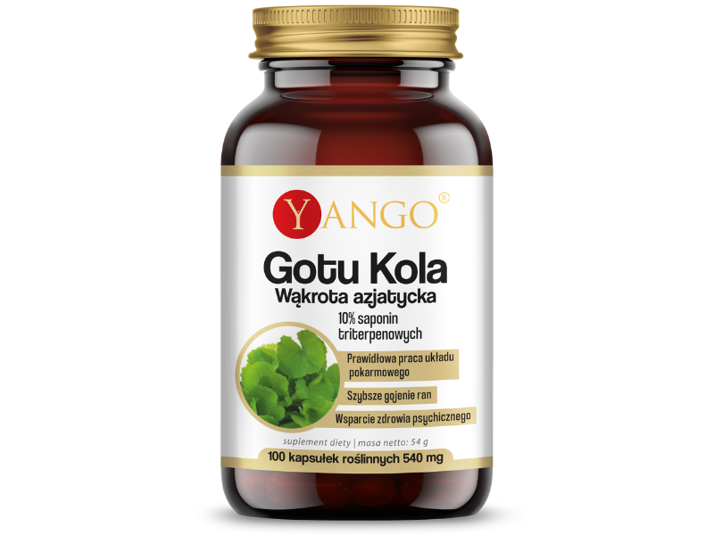 Zdjęcie przedstawia suplement diety Yango Gotu kola w postaci kapsułek.