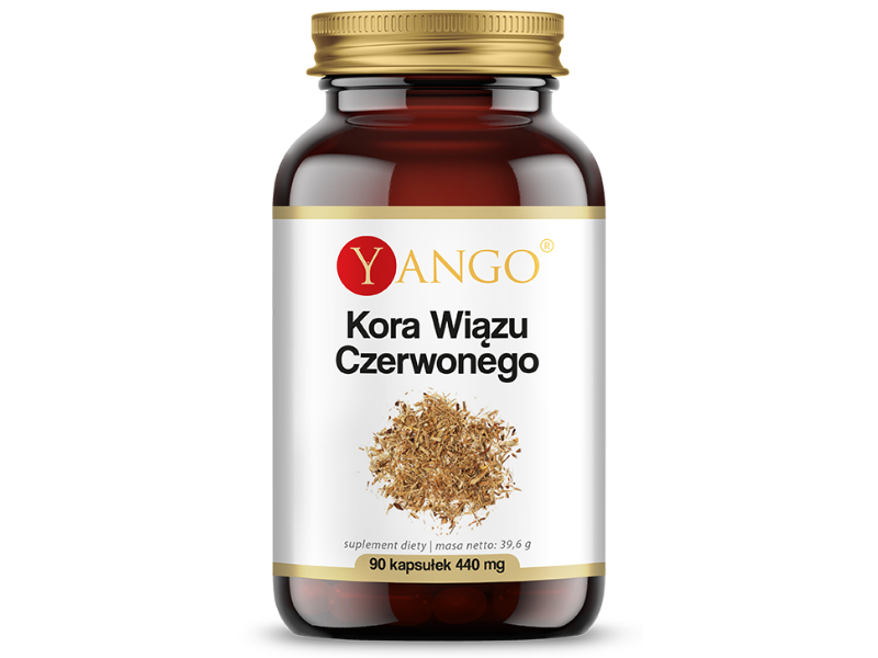 Zdjęcie przedstawia suplement diety Yango Kora Wiązu Czerwonego, kapsułki.