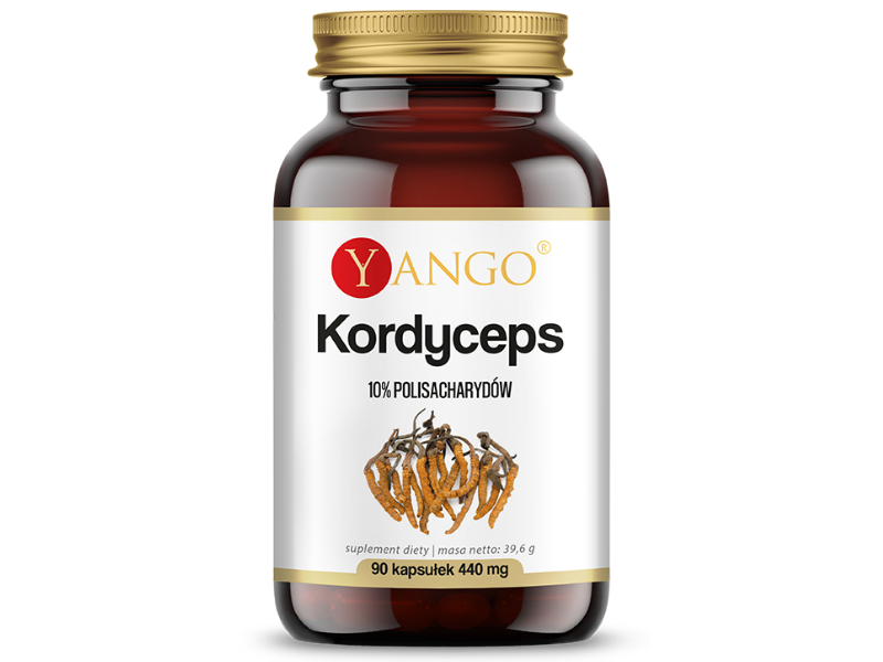 Zdjęcie przedstawia suplement diety Yango Kordyceps w postaci kapsułek.