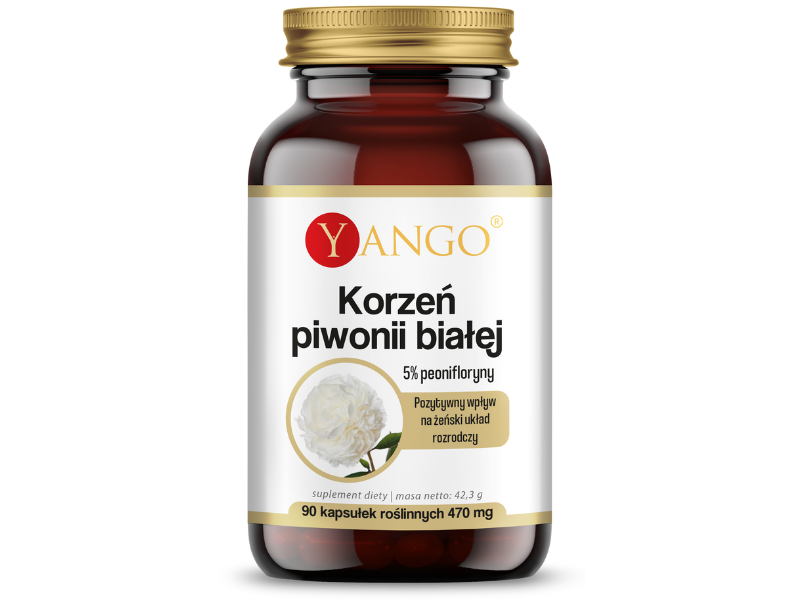 Zdjęcie przedstawia suplement diety Yango Korzeń piwonii w postaci kapsułek.