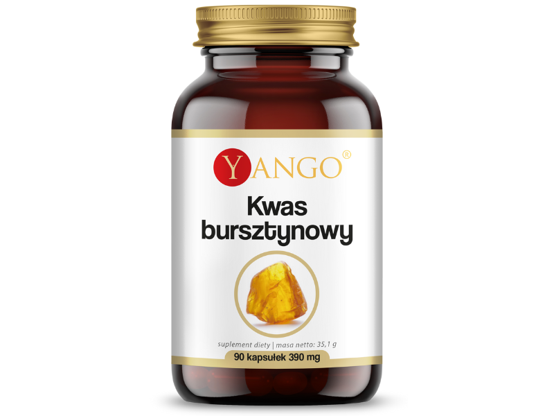 Zdjęcie przedstawia suplement diety Yango Kwas bursztynowy w postaci kapsułek.