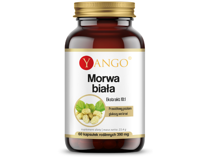 Zdjęcie przedstawia suplement diety Yango Morwa biała w postaci kapsułek.