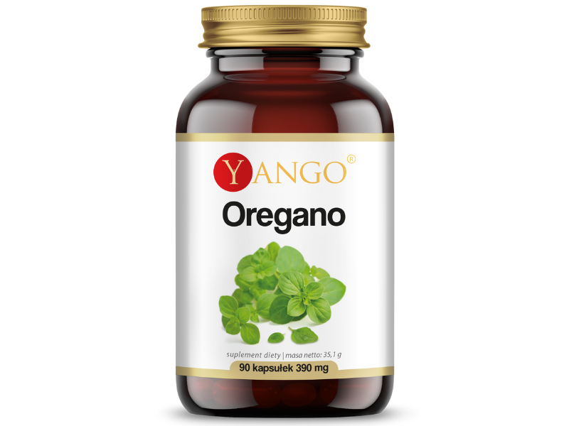 Zdjęcie przedstawia suplement diety Yango Oregano w postaci kapsułek.