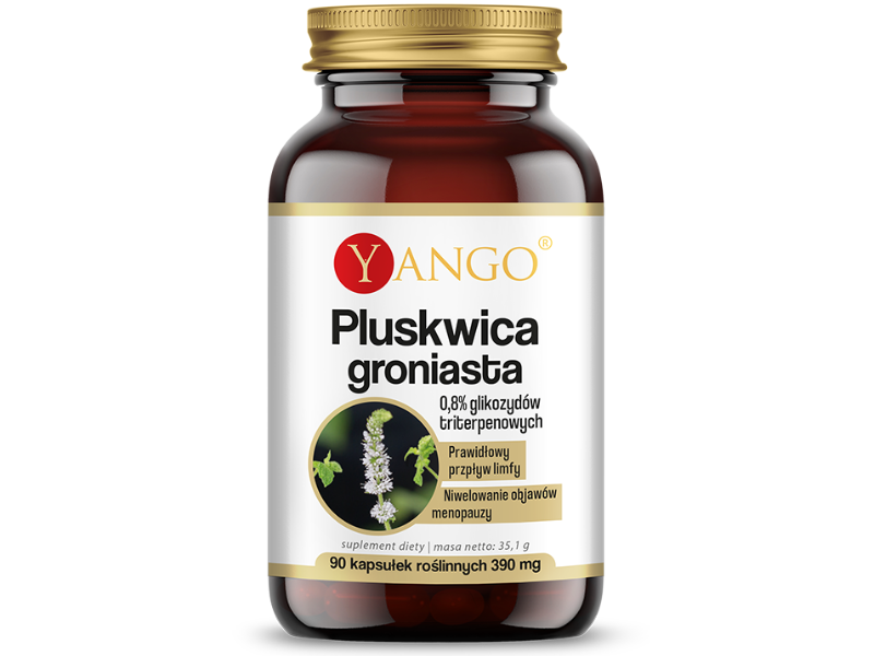 Zdjęcie przedstawia suplement diety Yango Pluskwica groniasta w postaci kapsułek.