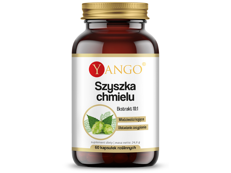 Zdjęcie przedstawia suplement diety Yango Szyszka chmielu w postaci kapsułek.