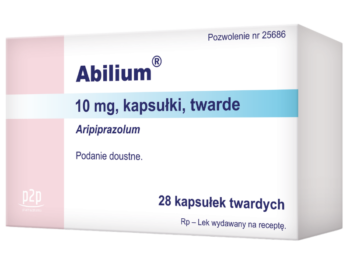 Zdjęcie przedstawia lek na receptę Abilium, kapsułki twarde, 10 mg, 28 szt.
