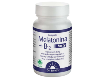 Zdjęcie przedstawia suplement diety Dr Jacob's Melatonina + B12 forte, tabletki.