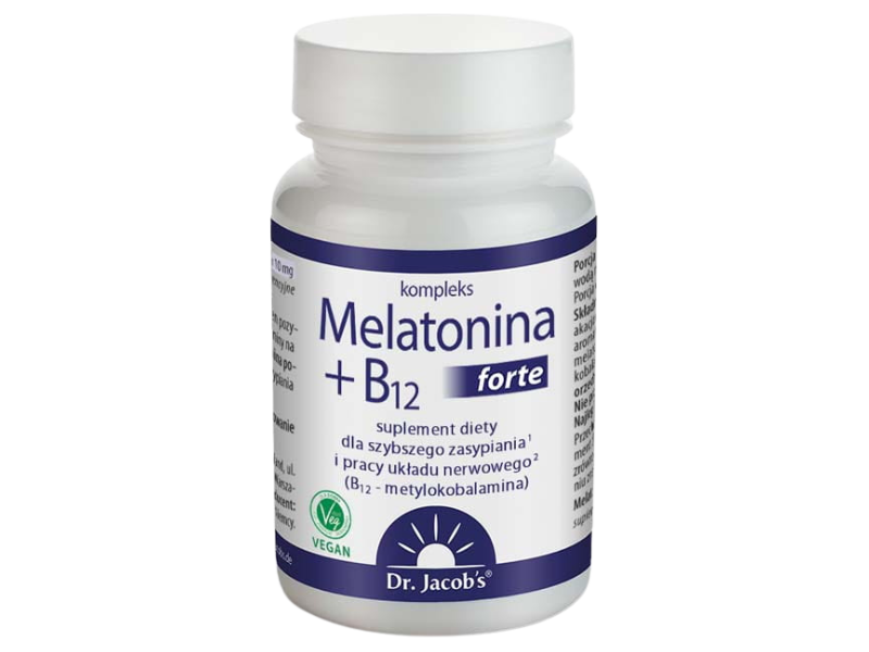 Zdjęcie przedstawia suplement diety Dr Jacob's Melatonina + B12 forte, tabletki.