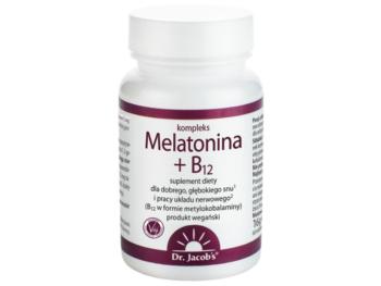 Zdjęcie przedstawia suplement diety Dr Jacob's Melatonina + B12, tabletki.