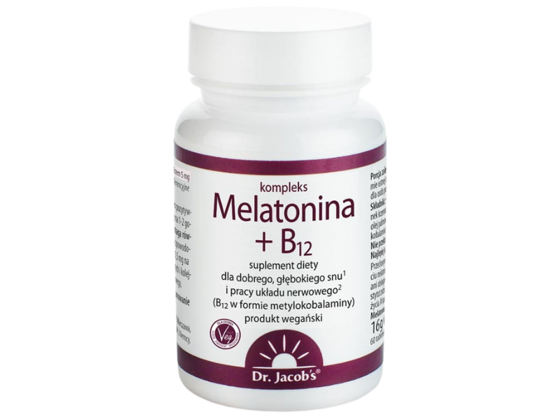 Zdjęcie przedstawia suplement diety Dr Jacob's Melatonina + B12, tabletki.