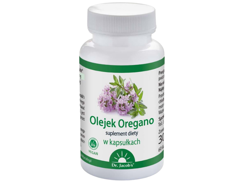 Zdjęcie przedstawia suplement diety Dr Jacob's Olejek Oregano, kapsułki.