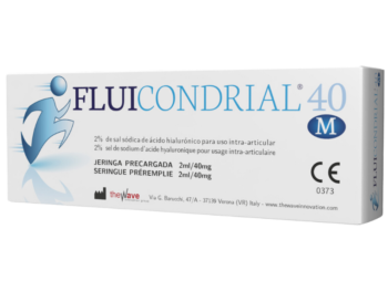 Zdjęcie przedstawia wyrób medyczny Fluicondrial M 40, roztwór do wstrzykiwań dostawowych, 40 mg/2 ml.