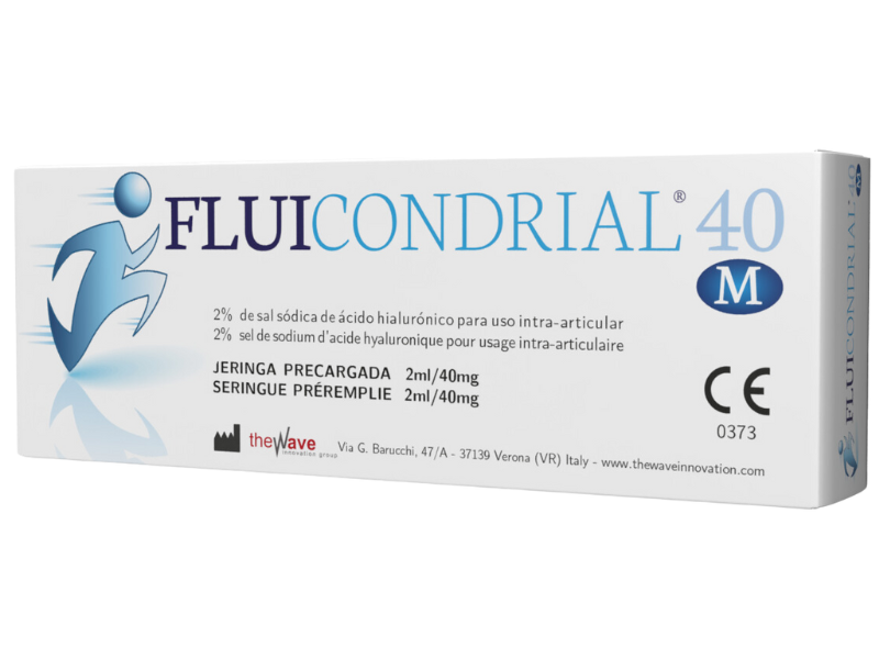 Zdjęcie przedstawia wyrób medyczny Fluicondrial M 40, roztwór do wstrzykiwań dostawowych, 40 mg/2 ml.